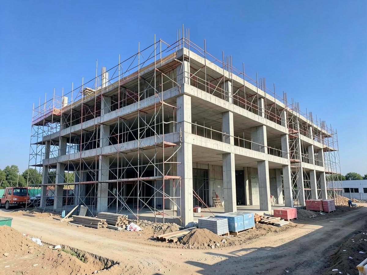 Estrutura em betão de edifício em construção com andaimes