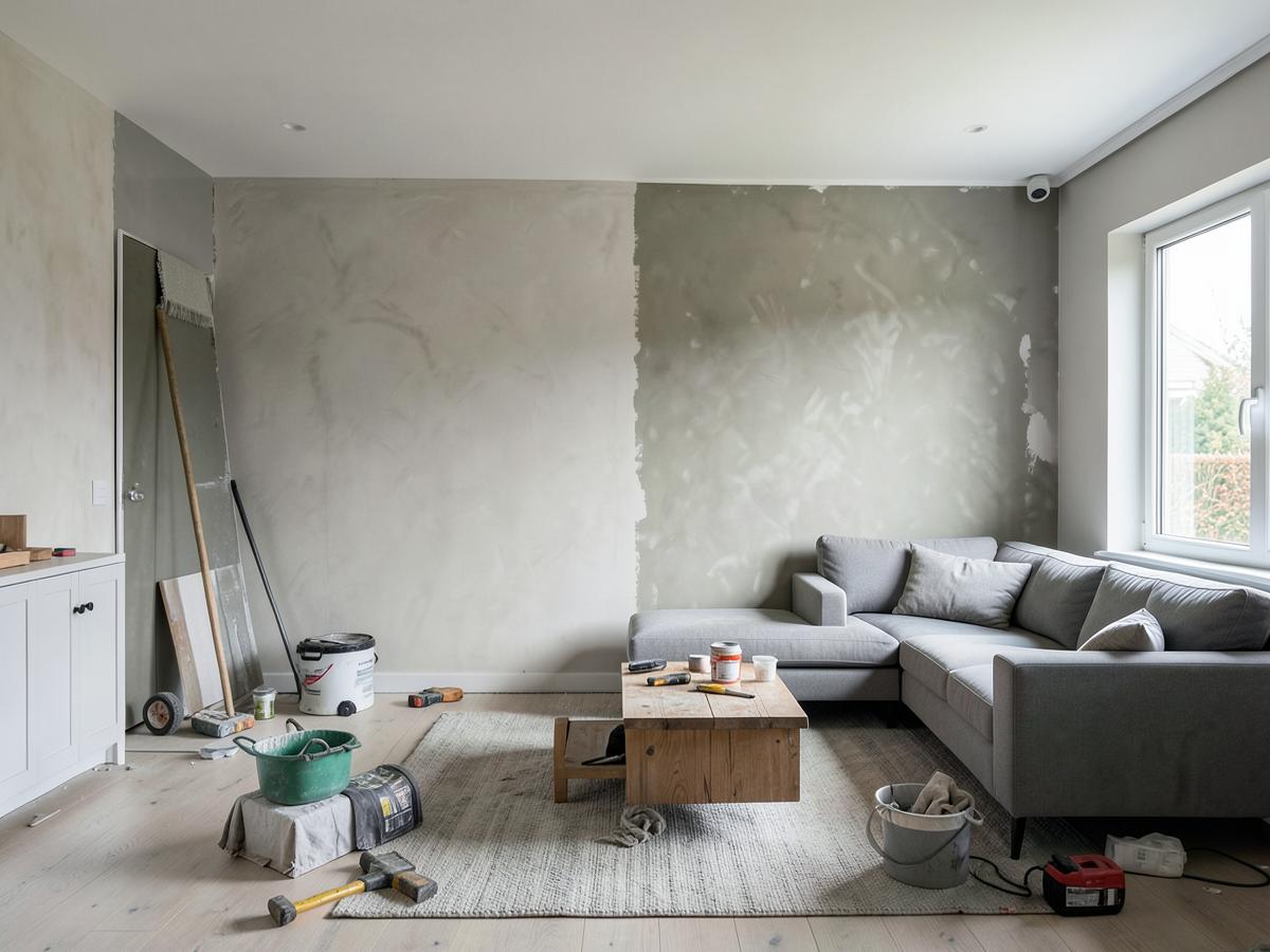 Sala em processo de remodelação e pintura